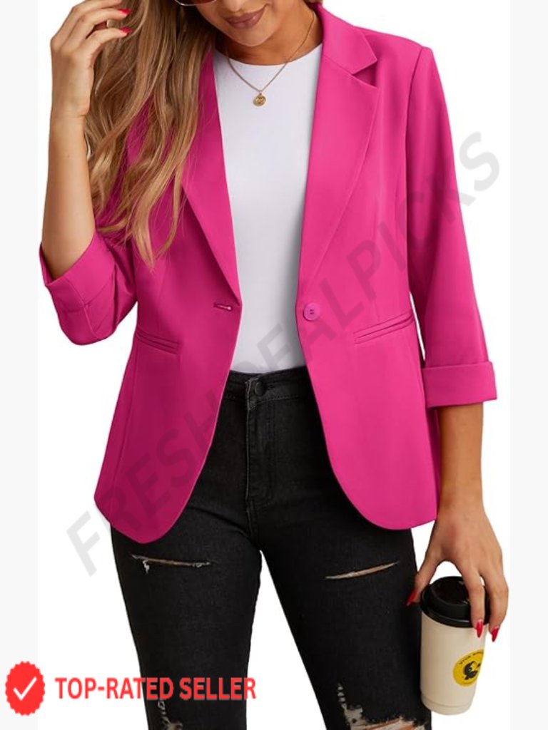 Lightweight 3/4 Sleeve Blazer Lapel Open Front Casual Work Jacket With Pockets